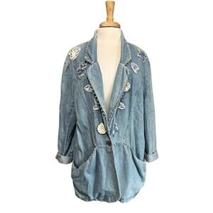 Vintage 80s Sunny Lady Western Boho Faded Baggy Denim Blazer Jean Jacket 18W